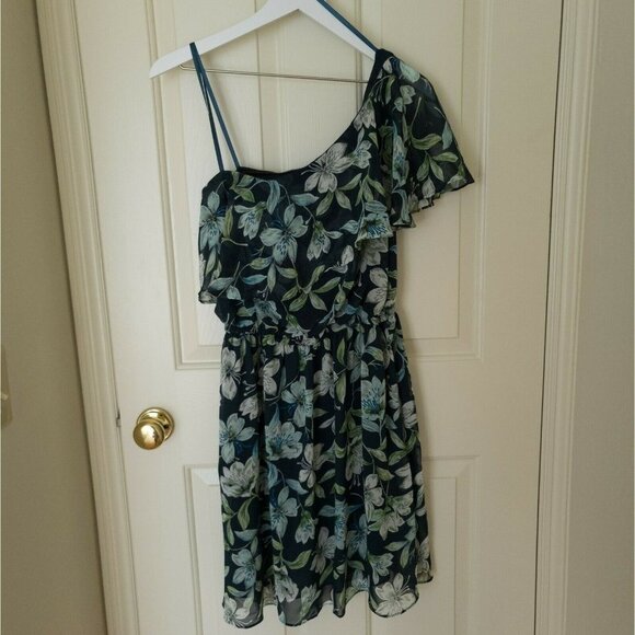 Eliza J Cocktail One Shoulder Dress Blue Floral Ruffle - Picture 1 of 9